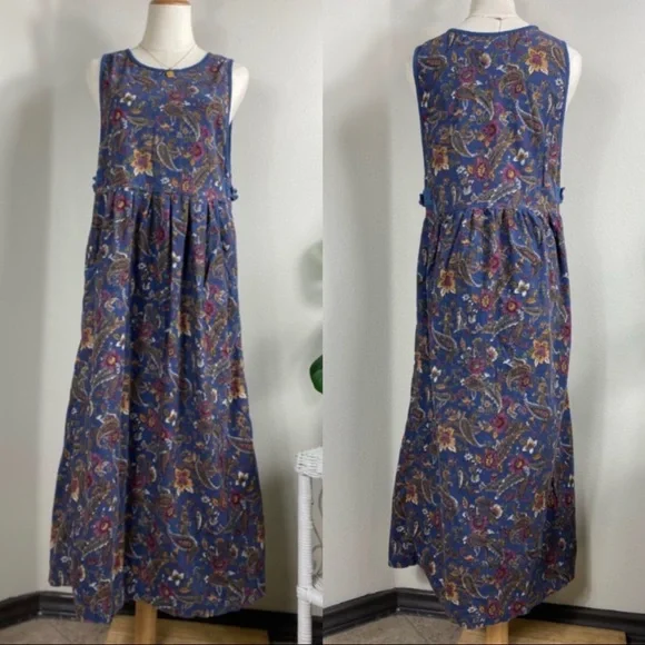 Vintage Dresses | Vintage 80s 90s Paisley Corduroy Sleeveless Maxi Dress | Color: Blue | Size: M | Taschtag's Closet